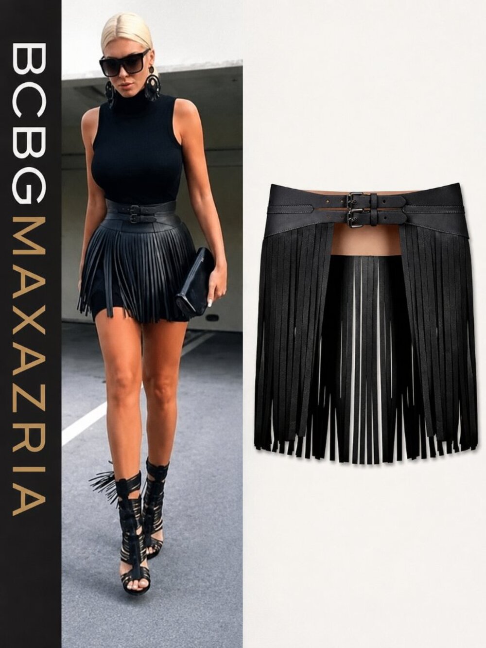 💥CHIC & SEXY💥 Black Snake Embossed Leather Fringe Skirt Contour Waist Belt